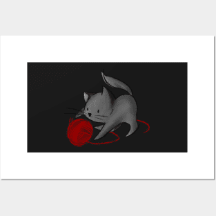 Cute Cat playing with ball of yarn - black - black version Posters and Art